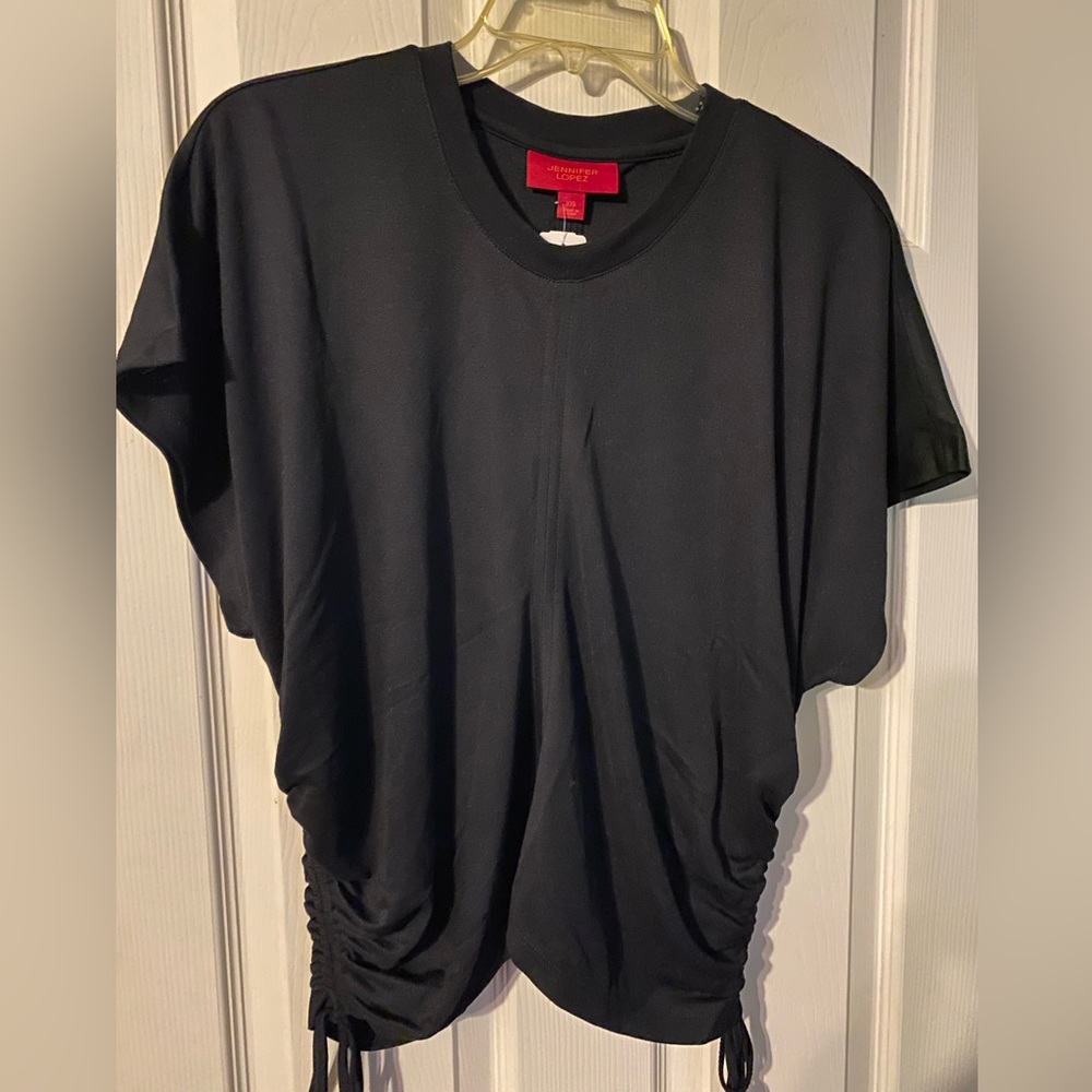 Jennifer Lopez short sleeved black top ruched sides with drawstrings size XXL